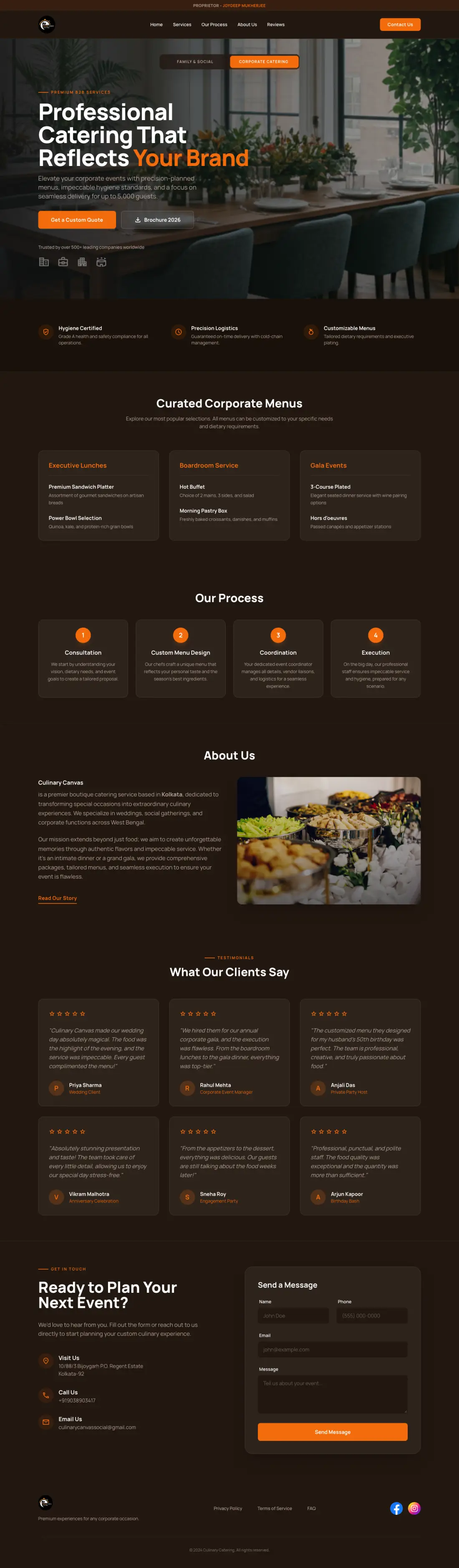 Full-page screenshot of the Culinary Canvas catering website